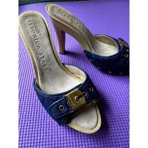 $398 Veronica Beard x Dr Scholls Lolli Buckle Denim Sandal Size 5 High Heels NEW